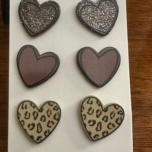 3 pairs of Stainless Steel Heart Earrings Silver Glitter, Matte Brown & Leopard